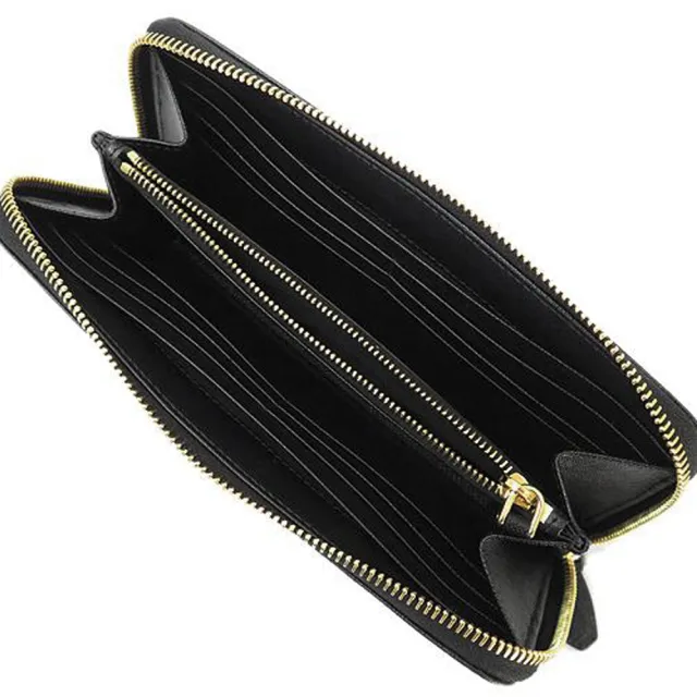 【PRADA 普拉達】1ML506 經典金色三角牌 黑色(防刮牛皮 拉鍊長夾)