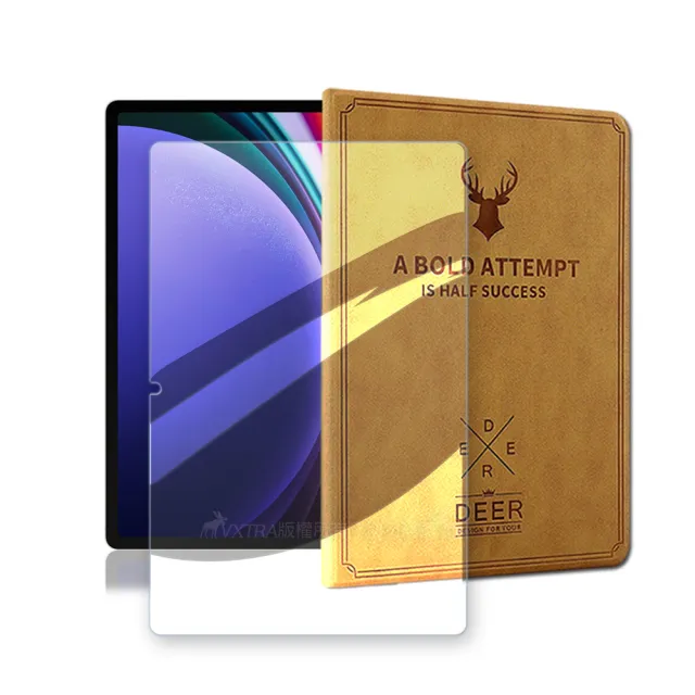 【VXTRA】三星 Samsung Galaxy Tab S9/S9 FE 北歐鹿紋風格平板皮套+9H鋼化玻璃貼 X710 X716 X510(合購價)