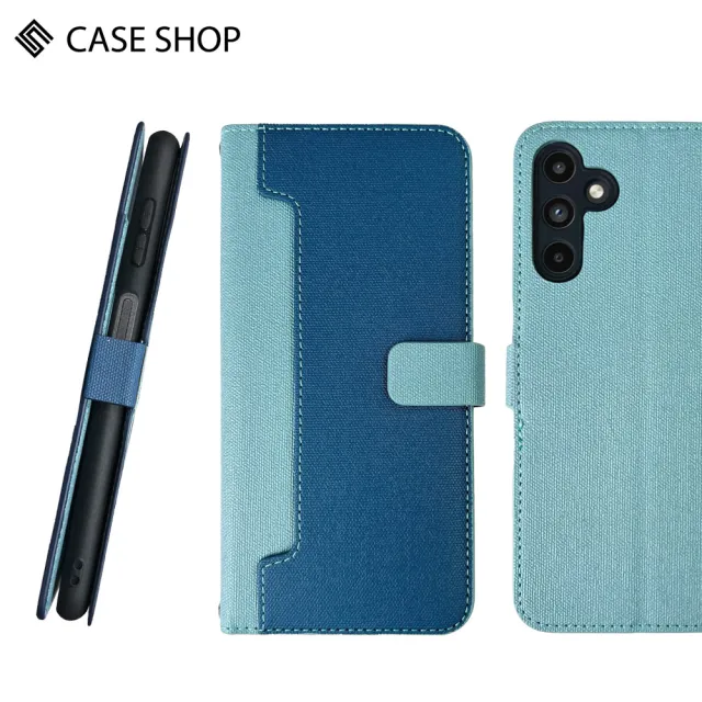 【CASE SHOP】Samsung A15 前收納皮套背帶組-藍(內附背帶掛繩、解放你的雙手)