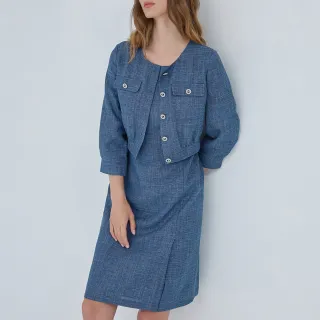 【ILEY 伊蕾】格紋銀蔥花呢假兩件洋裝(藍色；M-XL；1234077011)