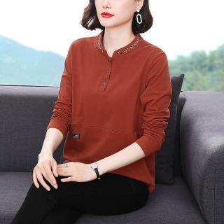 【Paiya 派亞】秋冬新款套頭休閒百搭繡花上衣寬鬆圓領長袖媽媽裝(M-4XL)