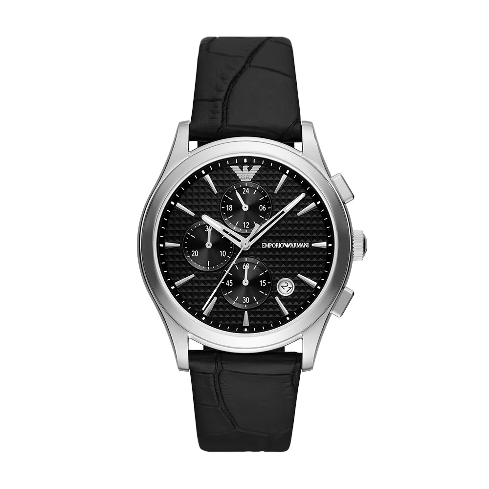 【EMPORIO ARMANI  官方直營】Paolo 經典炫黑魅力計時手錶 黑色真皮錶帶 42MM AR11530