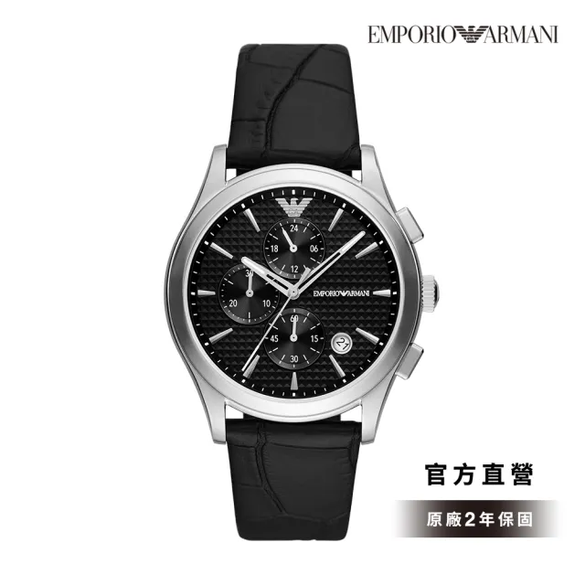 【EMPORIO ARMANI  官方直營】Paolo 經典炫黑魅力計時手錶 黑色真皮錶帶 42MM AR11530(雙11)