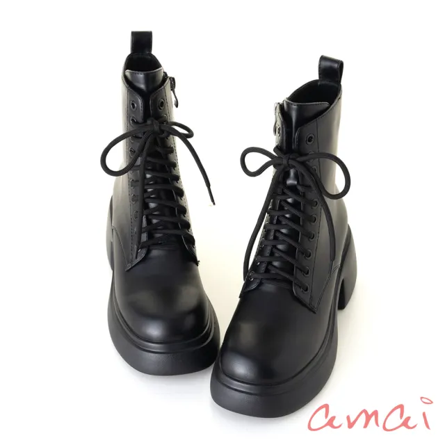 【amai】休閒率性綁帶中筒厚底靴 馬丁靴 短靴 中筒靴 粗跟 厚底 時尚 百搭 英倫風 大尺碼 GB828BK(黑色)