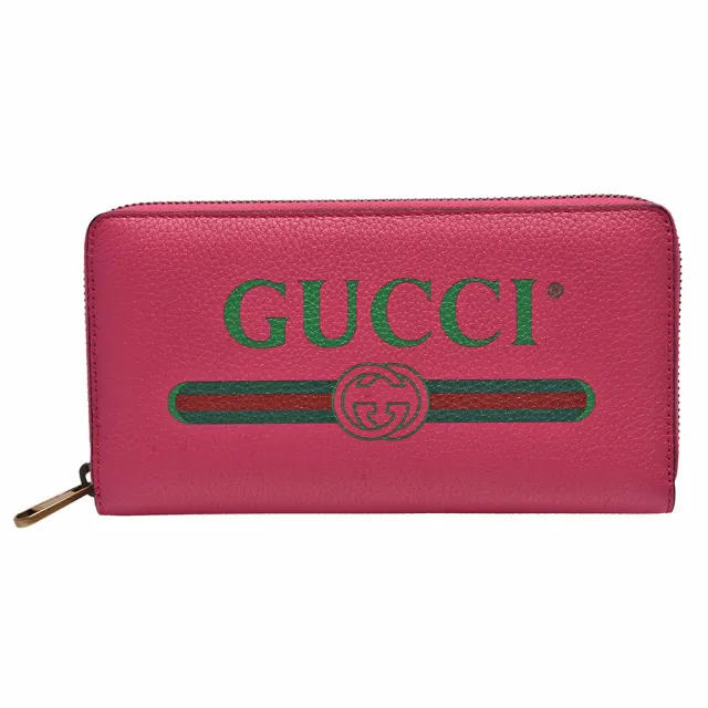 【GUCCI 古馳】復古風格的圖案小牛皮綠紅綠織帶標誌拉鍊長夾(桃紅色496317-0GCAT-8840)（其他規格）