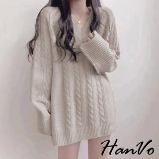 【HanVo】現貨 復古寬鬆長版麻花針織衣(溫暖保暖親膚柔軟 韓系女裝 女生衣著 A02-0548)