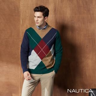 【NAUTICA】男裝 跳色菱格紋長袖針織衫(深藍)