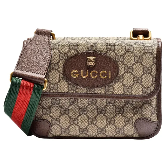 【GUCCI 古馳】經典虎頭標誌GG Supreme帆布印花綠紅綠背帶皮革飾邊拉鍊手拿/斜背信差包(501050-9C2VT-8745)
