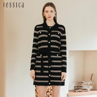 【JESSICA】經典條紋羊毛寬鬆長袖針織洋裝235401（黑）