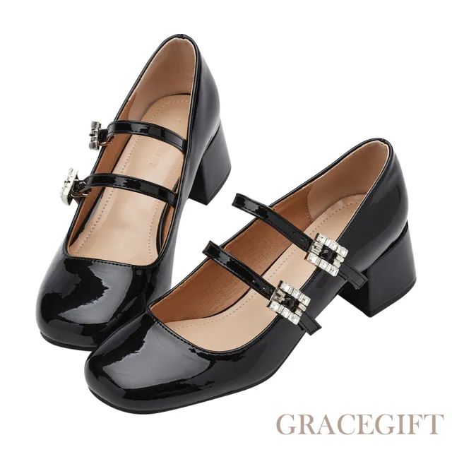 【Grace Gift】甜美水鑽雙帶中跟瑪莉珍鞋