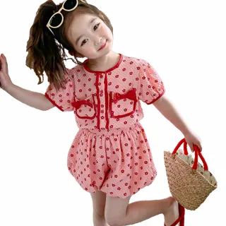 【Arbea】女童夏裝兒童套裝女寶小香風蝴蝶結碎花上衣+短褲兩件套(春秋款)