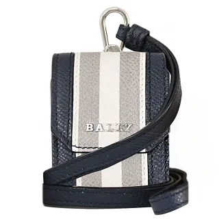 【BALLY】BEARP 金屬LOGO條紋頸掛式防刮Airpods收納套(灰藍)
