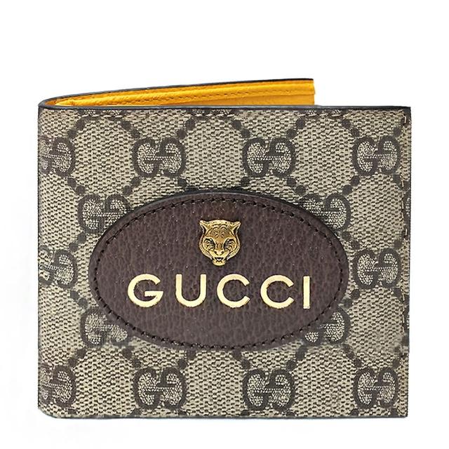 【GUCCI 古馳】473954 經典GG Supreme帆布虎頭造型內裡拚色8卡對開皮夾短夾(棕X黃色)