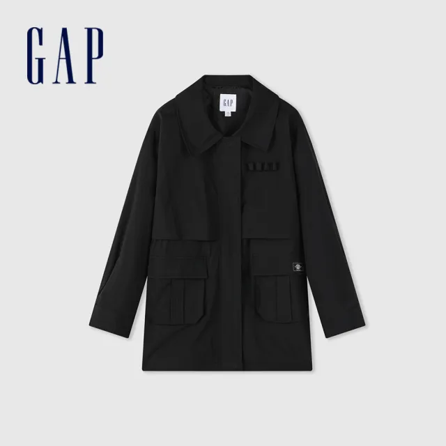 【GAP】女裝 Logo工裝翻領外套-黑色(874469)