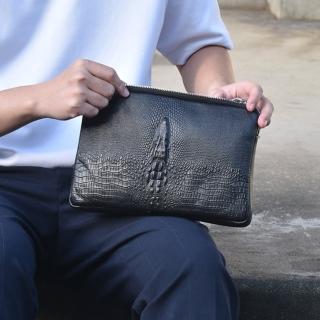 【men life】真皮皮包 鱷魚頭壓紋拉鍊手拿包(長夾)