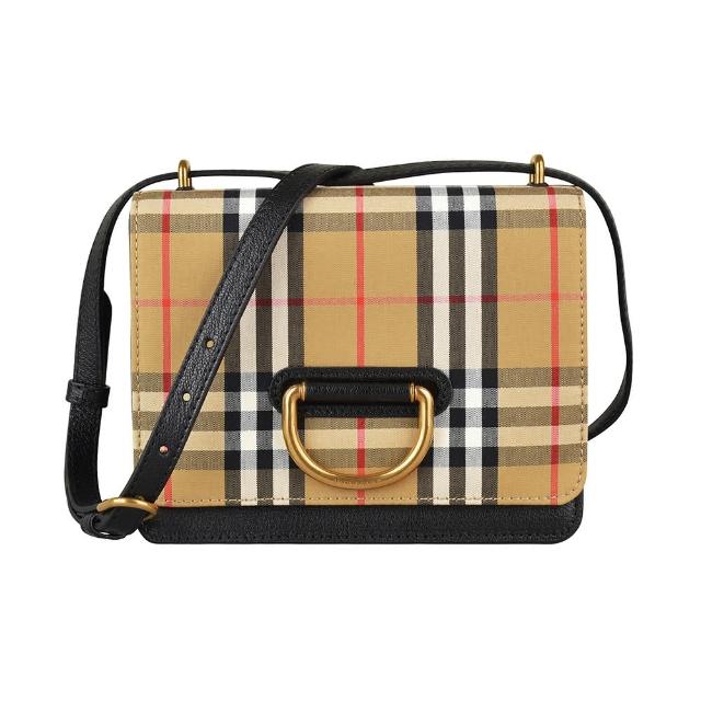 【BURBERRY 巴寶莉】BURBERRY SM D-RING系列壓印LOGO D扣格紋設計帆布釦式斜背包(黑)