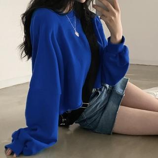 【Amirr 艾米爾】★短款寬鬆露臍圓領上衣(女上衣/長袖/衛衣)