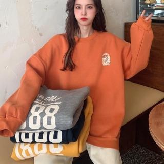 【Amirr 艾米爾】★加絨加厚圓領字母印花衛衣(女上衣/長袖/大學T)