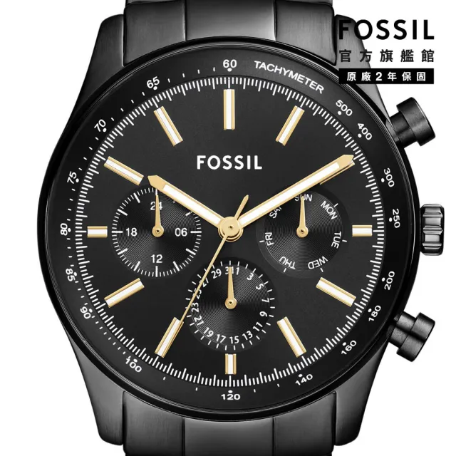 【FOSSIL 官方旗艦館】Sullivan 黑光環多功能三眼指針手錶 黑色不鏽鋼錶帶 44MM BQ2856