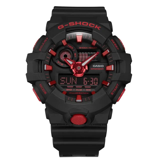 【CASIO 卡西歐】G-SHOCK 經典雙色 酷黑焰紅 大錶徑 雙顯系列_53.4mm(GA-700BNR-1A)