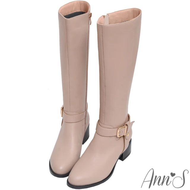 Ann’SAnn’S 愛塞爾-真皮小羊皮T型釦帶低跟及膝長靴5cm(粉米)