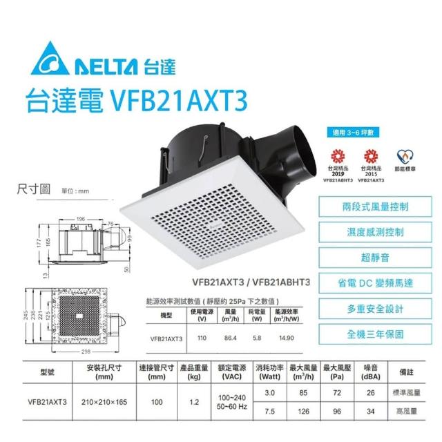 【台達電子】DC直流節能換氣扇 全電壓 兩段風量平面型VFB21AXT3-適用3-6坪 未含安裝(VFB21AXT3)