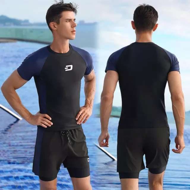【泳衣果】男泳衣泳裝二件式L-5L奧納大尺碼短袖+雙層短褲