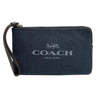 【COACH】大馬車LOGO牛仔布大手拿包/零錢包(牛仔藍)