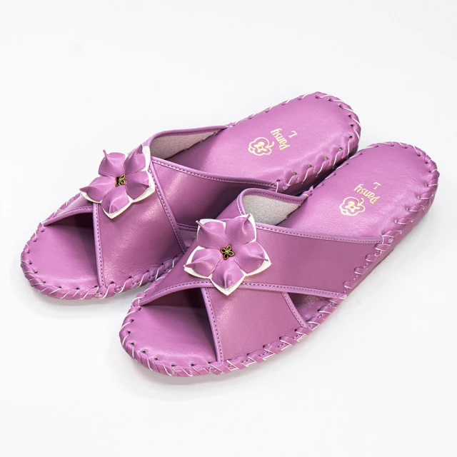 PANSY 花朵款 女士手工防滑舒適柔軟皮革室內拖鞋 桃色 室內鞋 拖鞋 防滑拖鞋(9500)