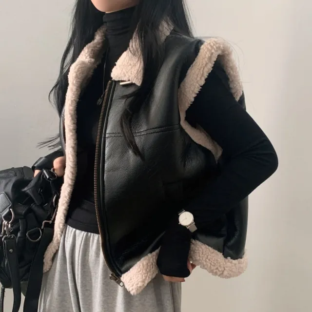 【baibeauty 白鳥麗子】街頭皮革拼接絨毛翻領拉鍊背心(馬甲)