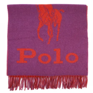 【RALPH LAUREN】POLO經典大馬LOGO雙色羊毛流蘇圍巾(紫色/莓紅)