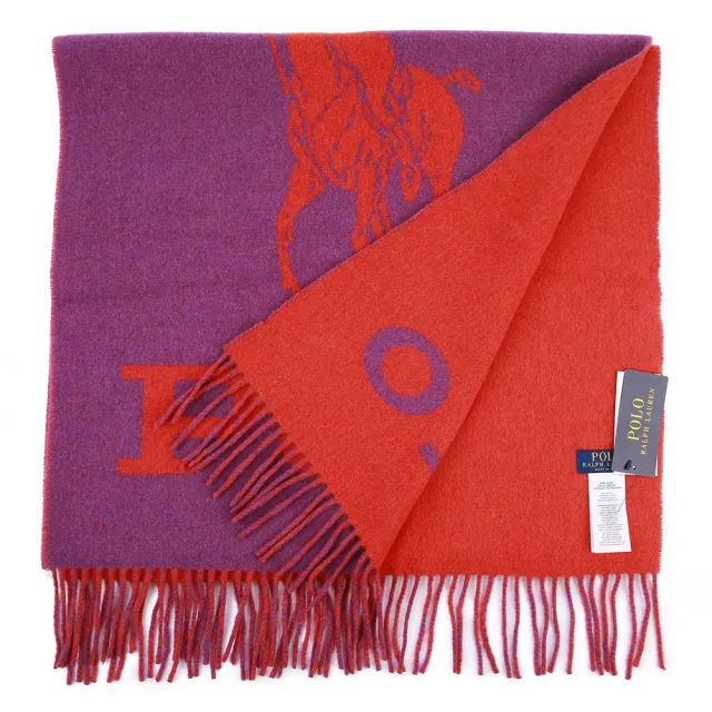 【RALPH LAUREN】POLO經典大馬LOGO雙色羊毛流蘇圍巾(紫色/莓紅)