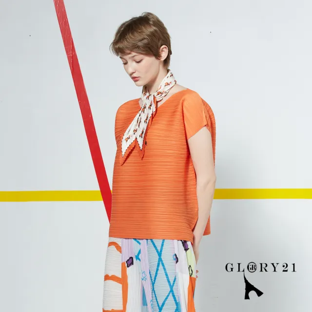 【GLORY21】速達-網路獨賣款-V領綁帶壓摺上衣(紅橘)