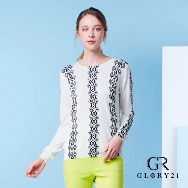 【GLORY21】速達-網路獨賣款-幾何圖騰薄針織上衣(白色)