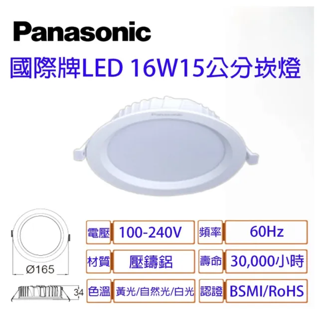 【Panasonic 國際牌】16W 崁孔 15cm LED崁燈 全電壓 一年保固 4入/組(白光/自然光/黃光)
