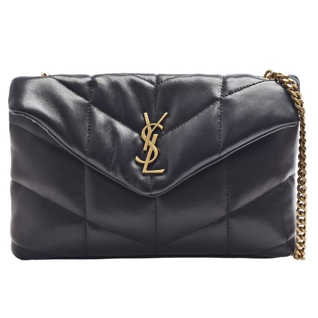 【YSL】PUFFER系列縫線小羊皮金色金屬LOGO金鍊斜背包(迷你-黑620333-1EL07-1000)