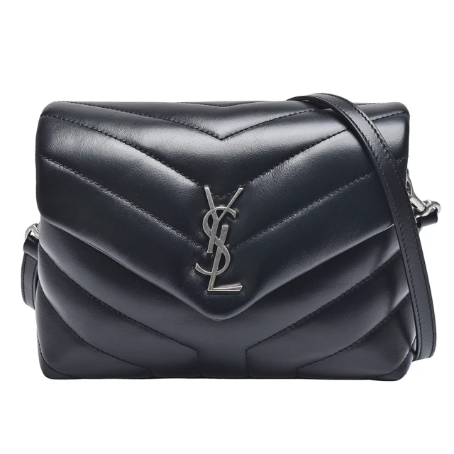 YSL LOULOU系列V字縫線銀色金屬LOGO小牛皮斜背包(小-黑678401-DN706-1000)