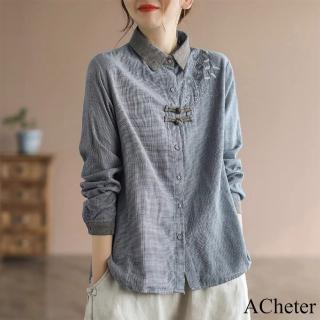 【ACheter】文藝復古細格子襯衫大碼民族風刺繡風盤扣長袖短版上衣#115707(藍色)