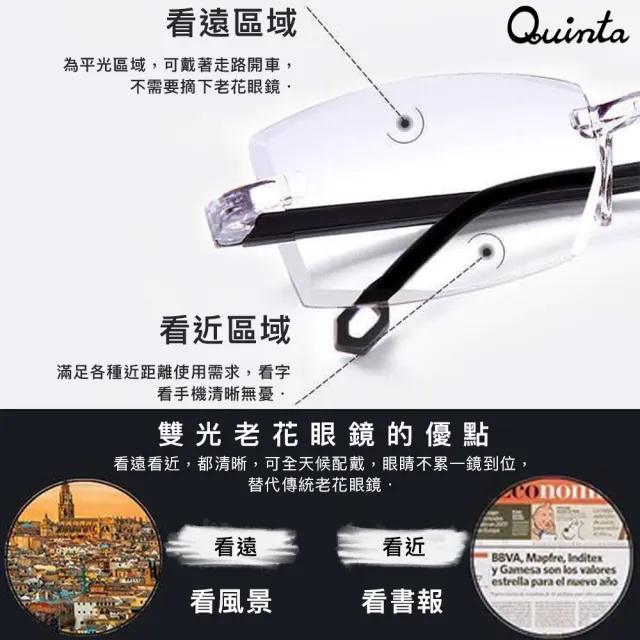 【Quinta】超值2入組-UV400抗紫外線濾藍光雙焦點老花眼鏡(超輕量/經典無框/男女適用QTP809)