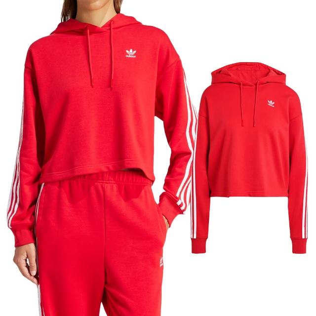 【adidas 愛迪達】3S Short Hoodie 女款 紅色 休閒 運動 帽T 上衣 長袖 IN8387