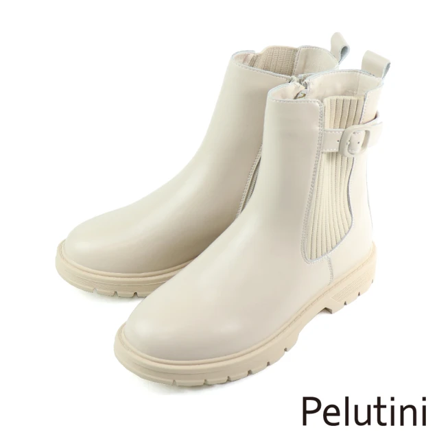 【Pelutini】經典拼接襪套馬汀真皮中筒靴 象牙白(337003W-IV)