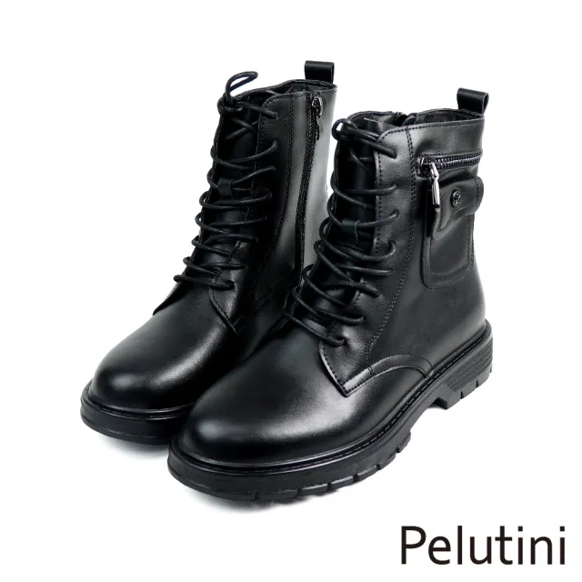 【Pelutini】復古率性個性真皮綁帶中筒靴 黑色(PE2020W-BL)