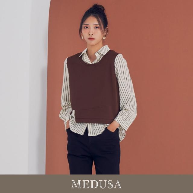 【MEDUSA 曼度莎】I”care 假兩件式背心條紋襯衫 - 2色（F）｜女長袖(206-10301)