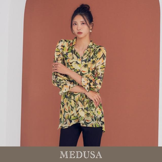 【MEDUSA 曼度莎】黃綠長版印花雪紡上衣（M-2L）｜女上衣 長版 冬新品(201-24401)