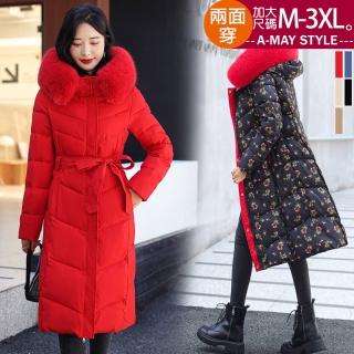 【Amay Style 艾美時尚】現貨 中大尺碼女裝 保暖連帽外套 雙面穿印花連帽長版顯瘦仿羽絨鋪棉大衣。M-3XL