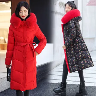 【Amay Style 艾美時尚】現貨 中大尺碼女裝 保暖連帽外套 雙面穿印花連帽長版顯瘦仿羽絨鋪棉大衣。M-3XL