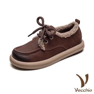 【Vecchio】真皮休閒鞋 繫帶休閒鞋/真皮頭層牛皮保暖絨毛繫帶復古休閒鞋(咖)