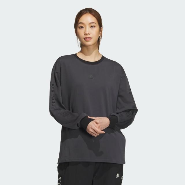 【adidas 愛迪達】上衣 女款 長袖上衣 大學T 運動 亞規 WORD LS TEE 黑灰 IM8709(S2396)