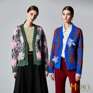 【MON’S】V領花朵馬海毛開襟外套(2色任選)