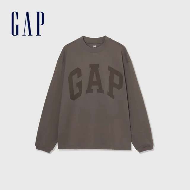 【GAP】男裝 Logo純棉圓領長袖T恤-灰粽色(452532)